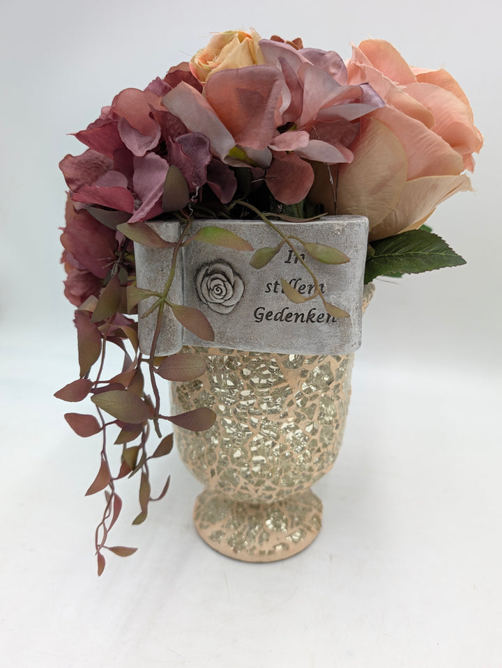 Trauergesteck Rosen Hortensie gold rosa