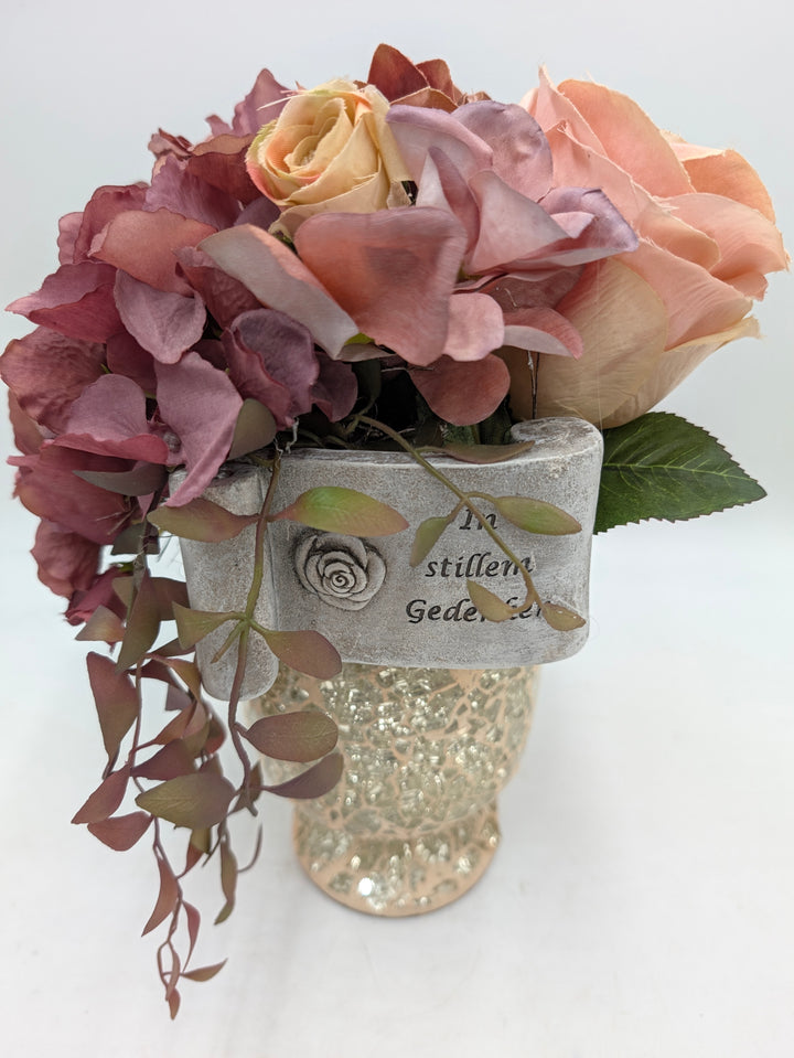 Trauergesteck Rosen Hortensie gold rosa