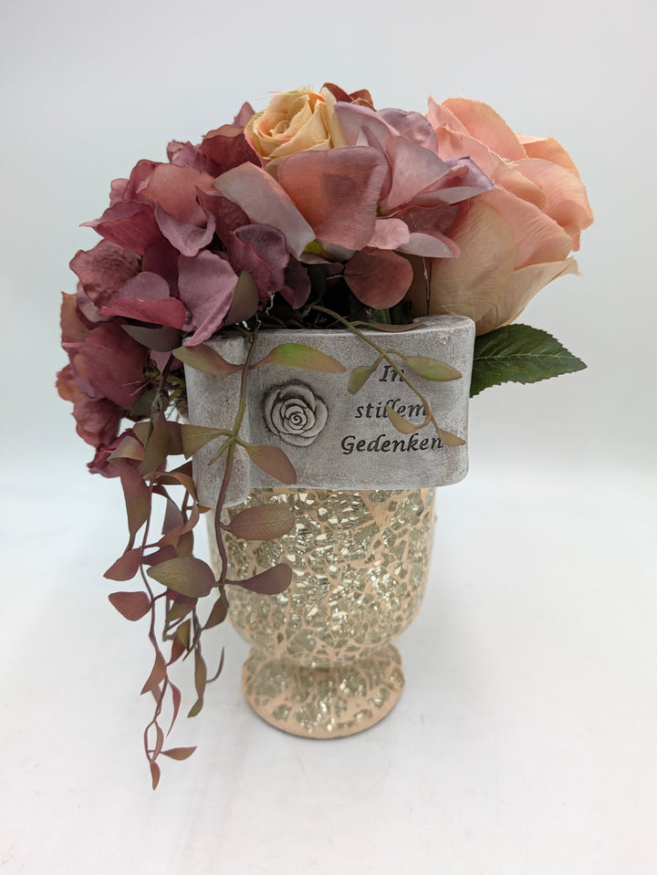 Trauergesteck Rosen Hortensie gold rosa