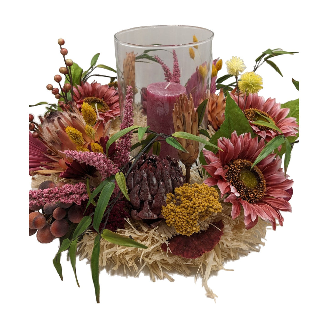 Freigestellt Tischgesteck Windlicht Kerze Sonnenblumen Heide Beeren Gräser rosa gelb