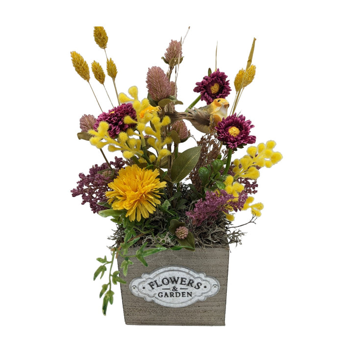 Freigestellt Tischgesteck Sommergesteck Vogel Chrysanthemen Mimosen Gräser lila gelb