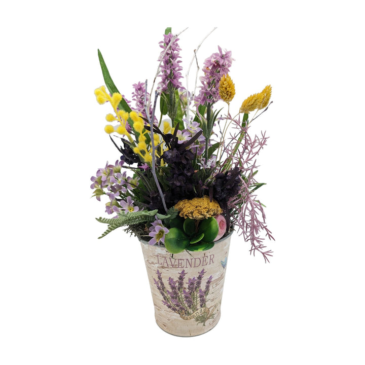Freigestellt Sommergesteck Schnecke Mimose Lavendel Sukkulente Gräser lila gelb