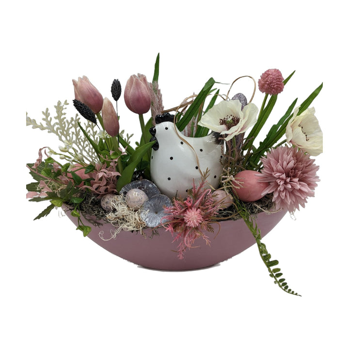 Freigestellt Ostergesteck Huhn Eier Tulpen Mohn Gräser rosa weiß