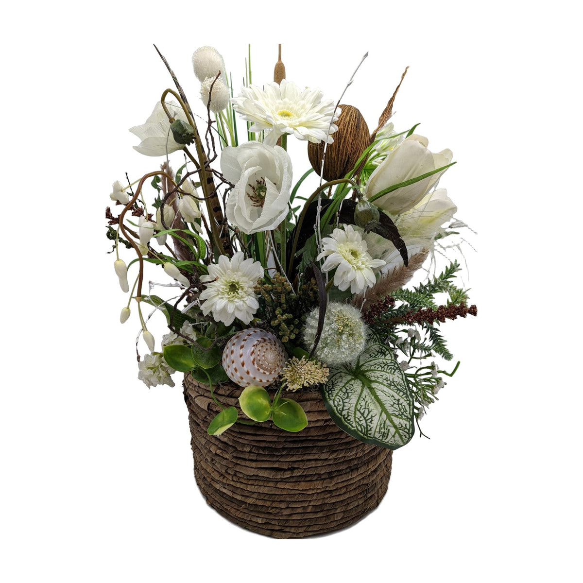 Freigestellt Sommergesteck Schnecke Tulpe Gerbera Gräser weiß natur