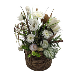 Freigestellt Sommergesteck Schnecke Tulpe Gerbera Gräser weiß natur