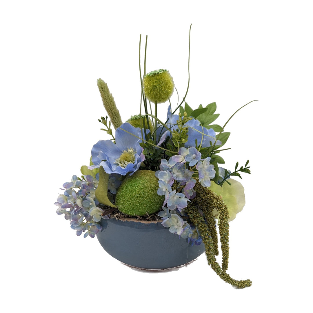 Freigestellt Sommergesteck Zitrone Anemonen Hortensien Gräser blau grün