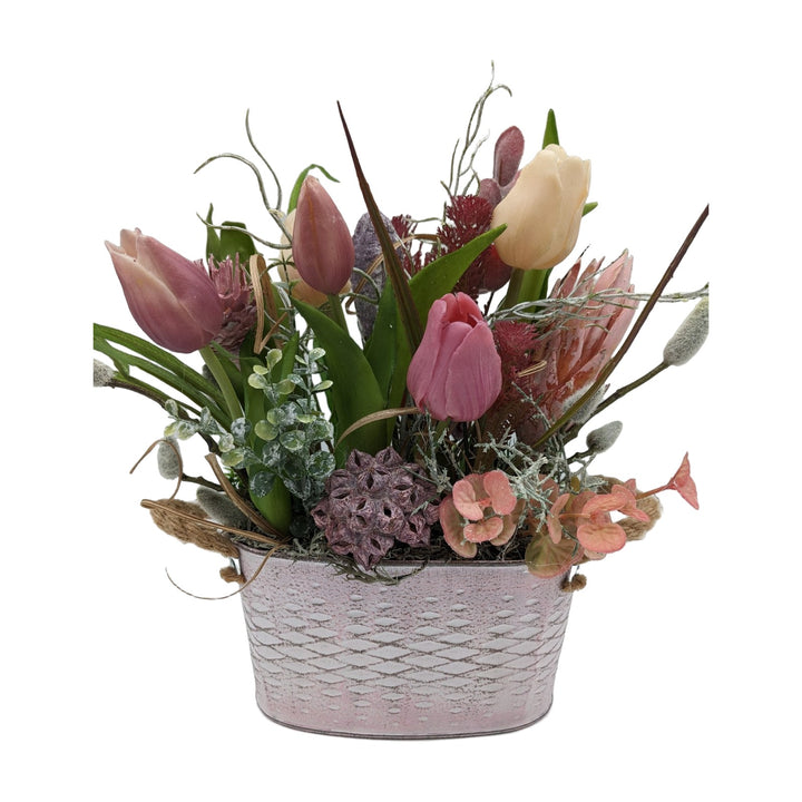 Freigestellt Frühlingsgesteck Tulpen Protea Kätzchen Gräser rosa creme