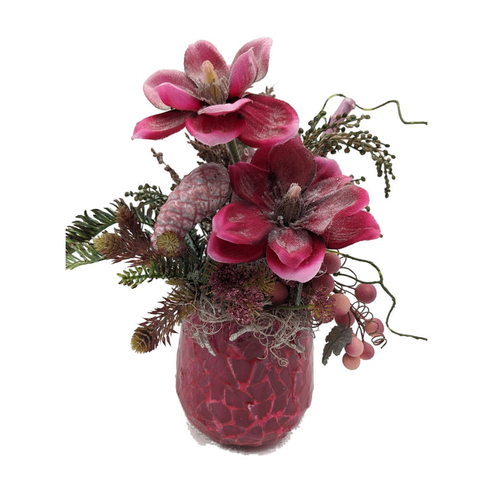 Freigestellt Sommergesteck Magnolie Zapfen Beeren Gräser pink