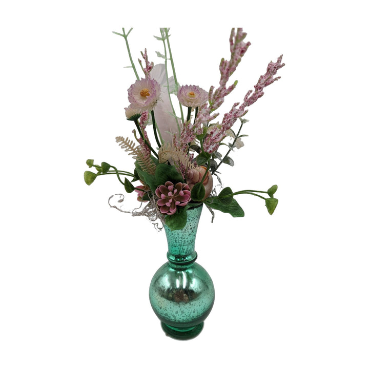 Freigestellt Sommergesteck Vase Schnecke Feder Blüten Gräser mint rosa