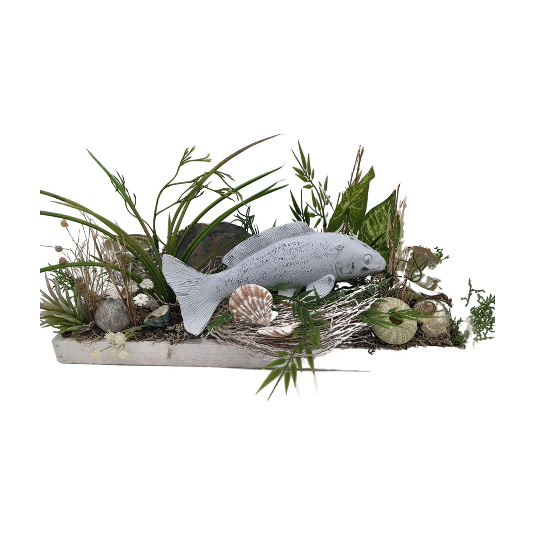 Freigestellt Sommergesteck Teelicht Fisch Muschel Schnecke Gräser weiß silber
