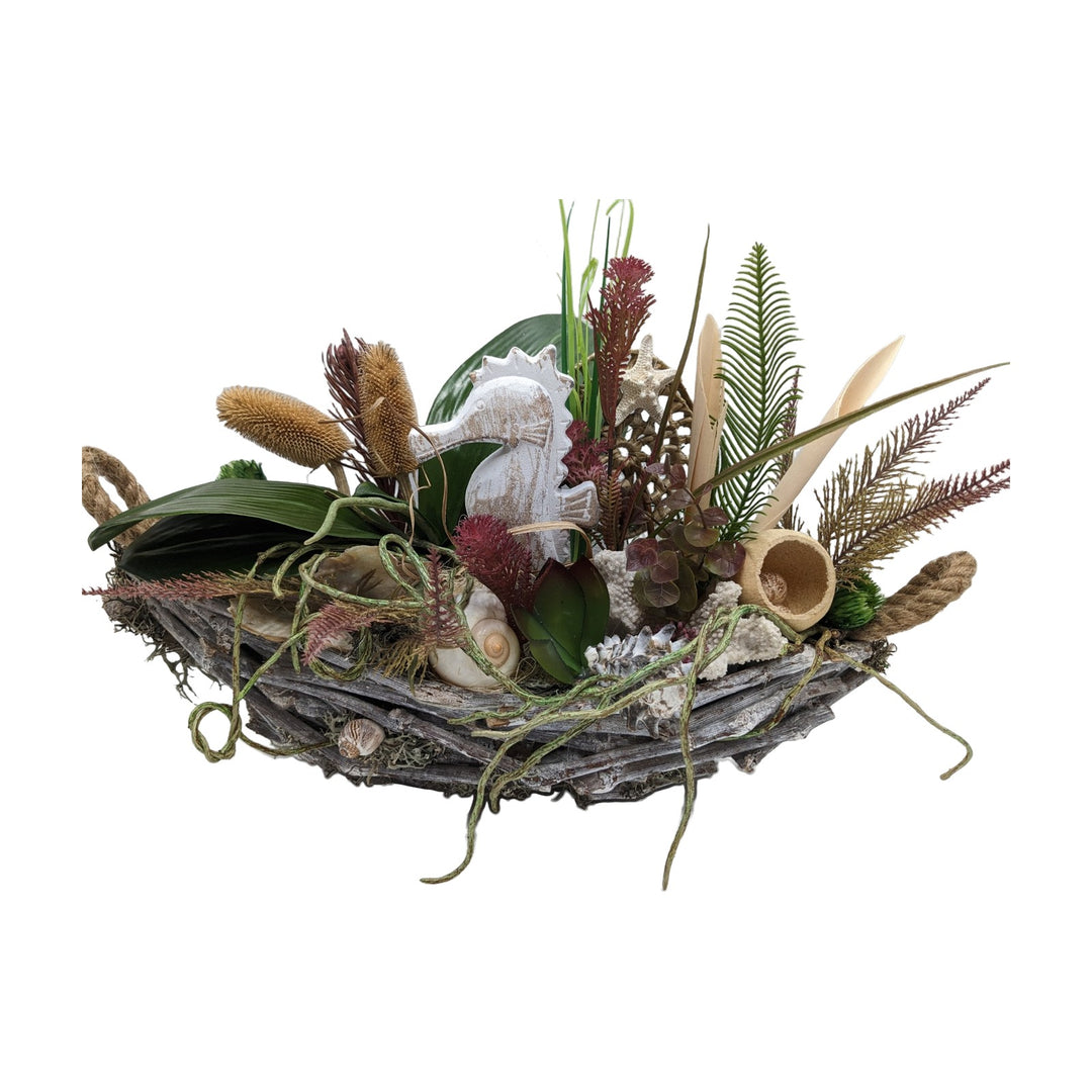 Freigestellt Sommergesteck Seepferdchen Schnecken Orchideenwurzel Gräser natur