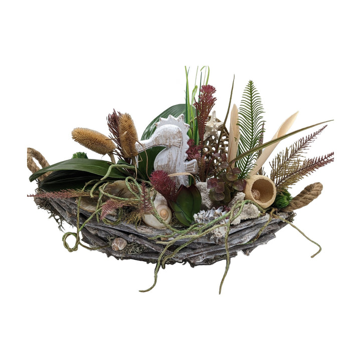 Freigestellt Sommergesteck Seepferdchen Schnecken Orchideenwurzel Gräser natur