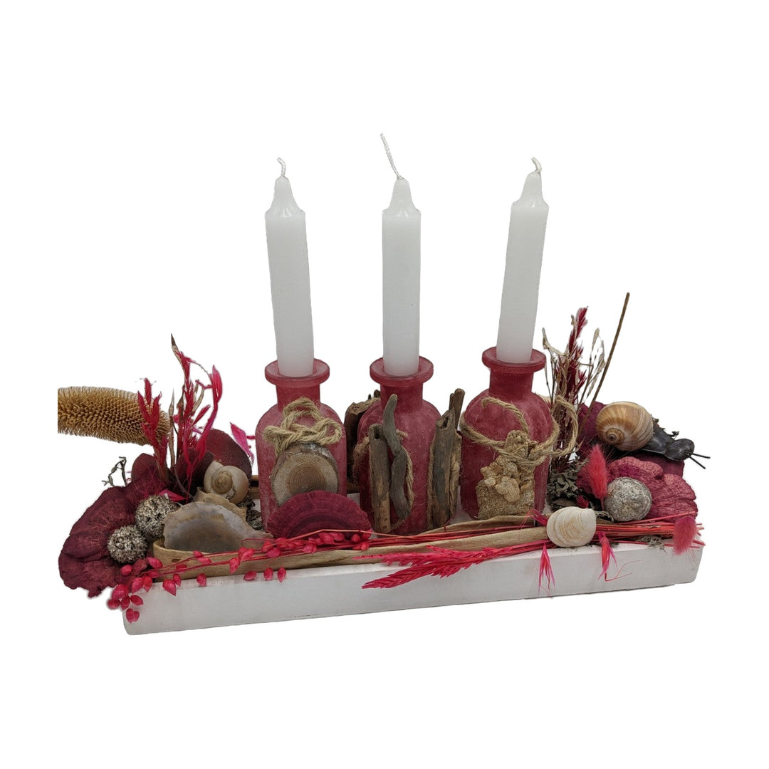 Freigestellt Herbstgesteck Flaschen Kerzen Schnecke Gräser rot weiß