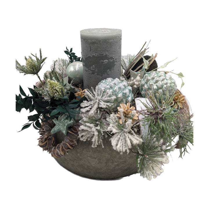 Freigestellt Weihnachtsgesteck Kerze Kugel Stern Distel mint grau