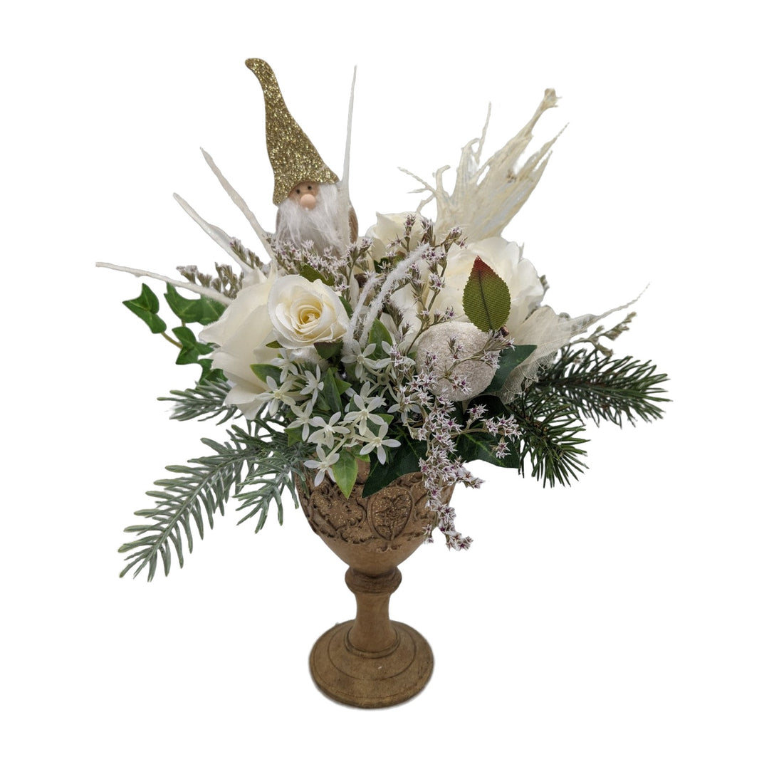 Freigestellt Weihnachtsgesteck Rosen Wichtel Tanne Kugel creme gold
