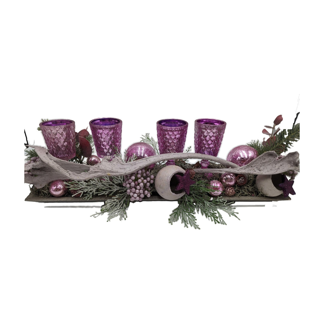 Freigestellt Weihnachtsgesteck Teelicht Kugeln Stern Tanne rosa lila