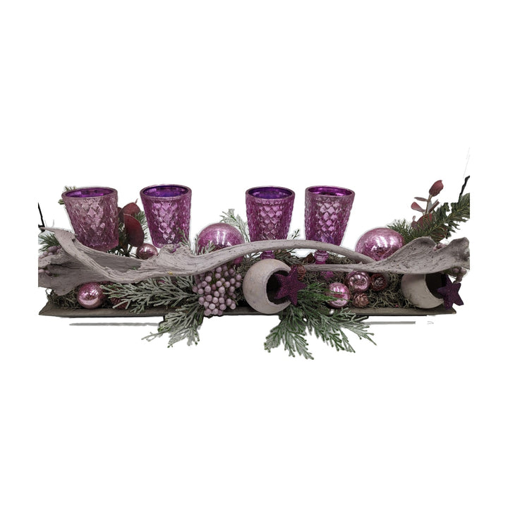 Freigestellt Weihnachtsgesteck Teelicht Kugeln Stern Tanne rosa lila