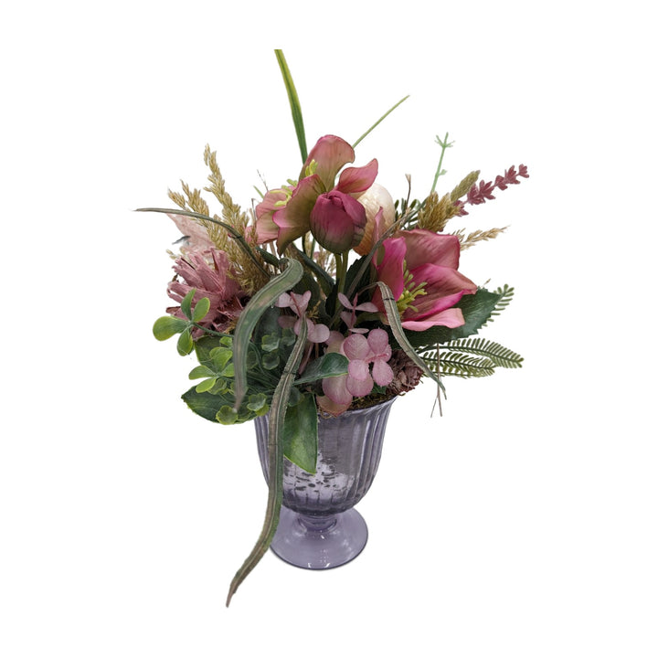 Freigestellt Sommergesteck Pokal Lenzrose Gräser Schnecke rosa lila