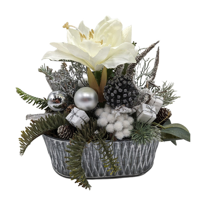 Freigestellt Weihnachtsgesteck Amaryllis Kugeln Geschenke Tanne weiß silber