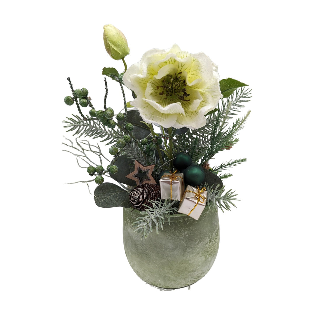 Freigestellt Weihnachtsgesteck Christrose Kugeln Stern Geschenke grün weiß