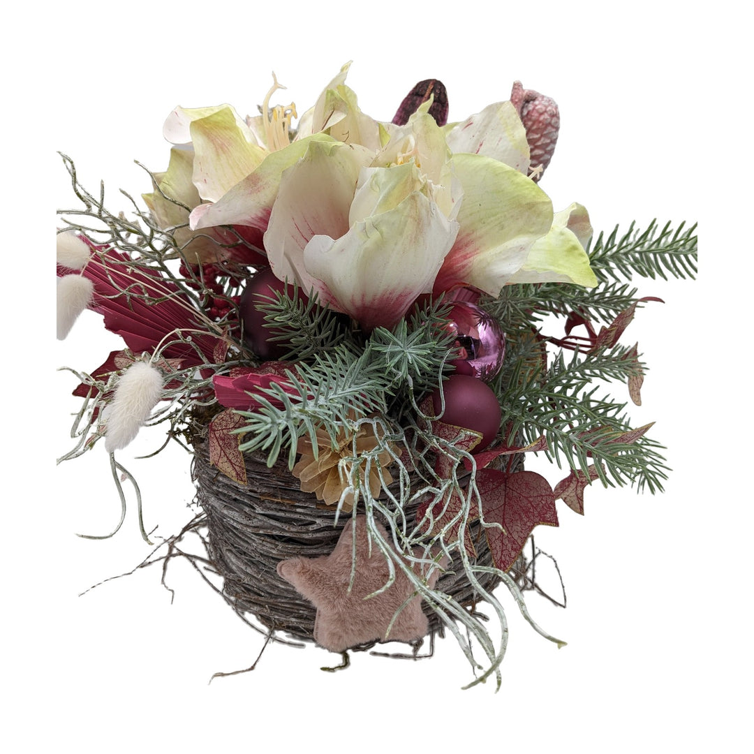 Freigestellt Weihnachtsgesteck Amaryllis Kugeln Stern rosa beere