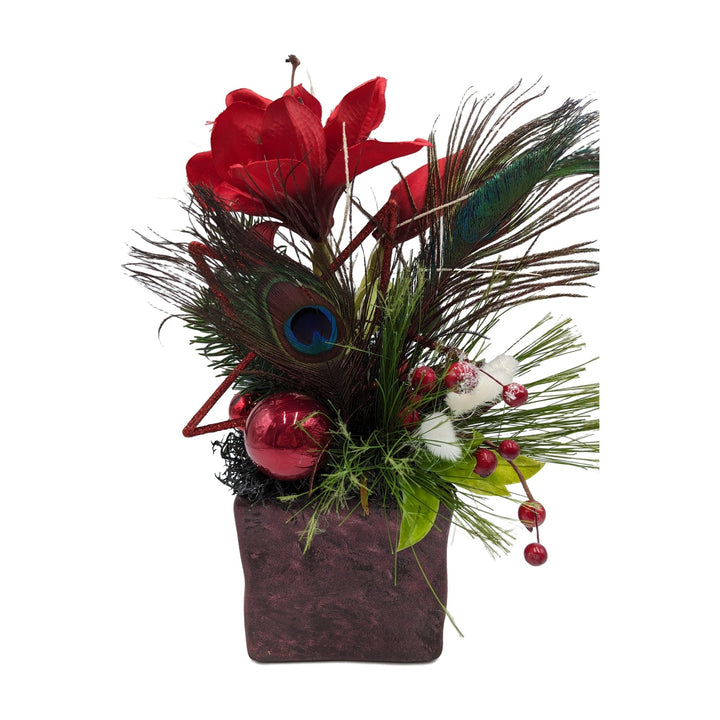 Freigestellt Weihnachtsgesteck Amaryllis Pfauenfeder Kugel rot grün