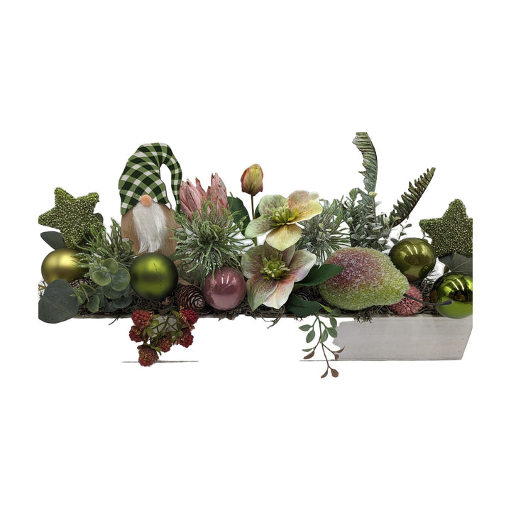 Freigestellt Weihnachtsgesteck Kugeln Sterne Wichtel Christrosen grün rosa