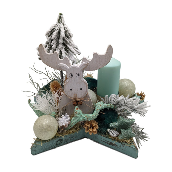 Freigestellt Weihnachtsgesteck Hirsch Stern Kugeln mint weiß