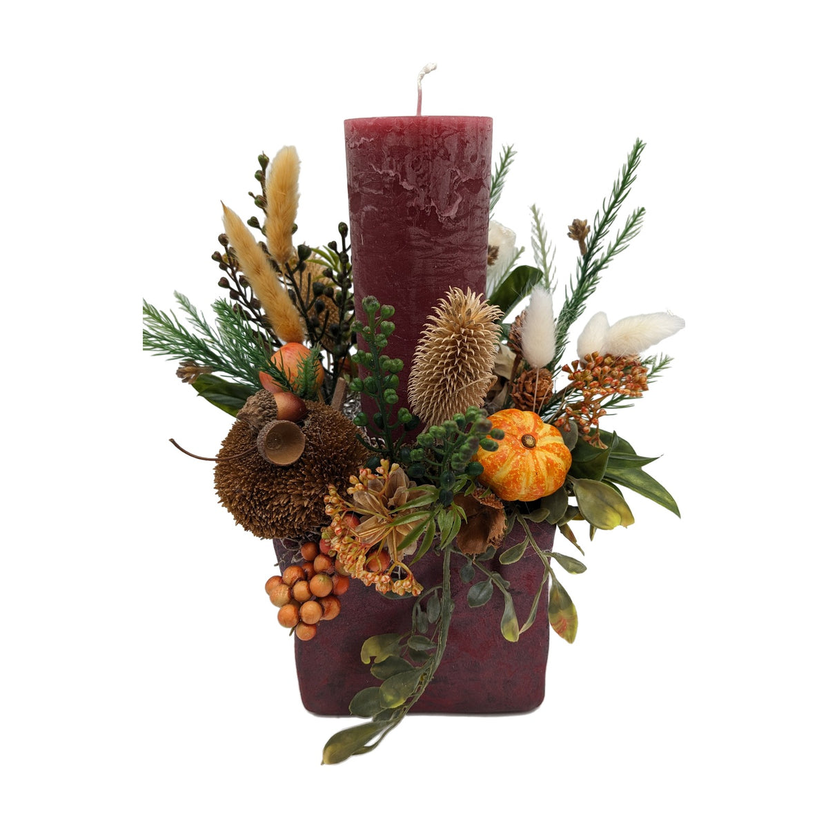 Freigestellt Herbstgesteck Kürbis Eichel Apfel Kerze orange bordeaux