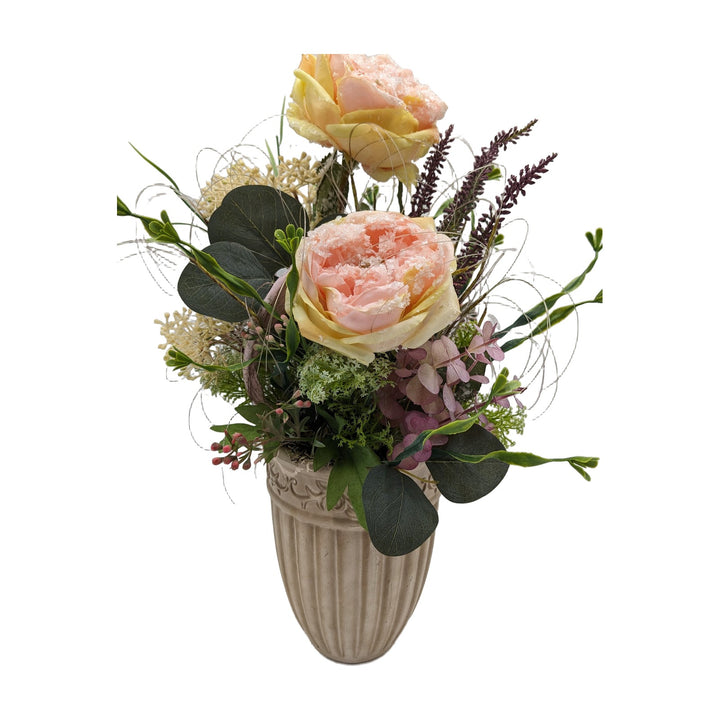 Freigestellt Herbstgesteck Rosen Heide Hortensie rosa creme