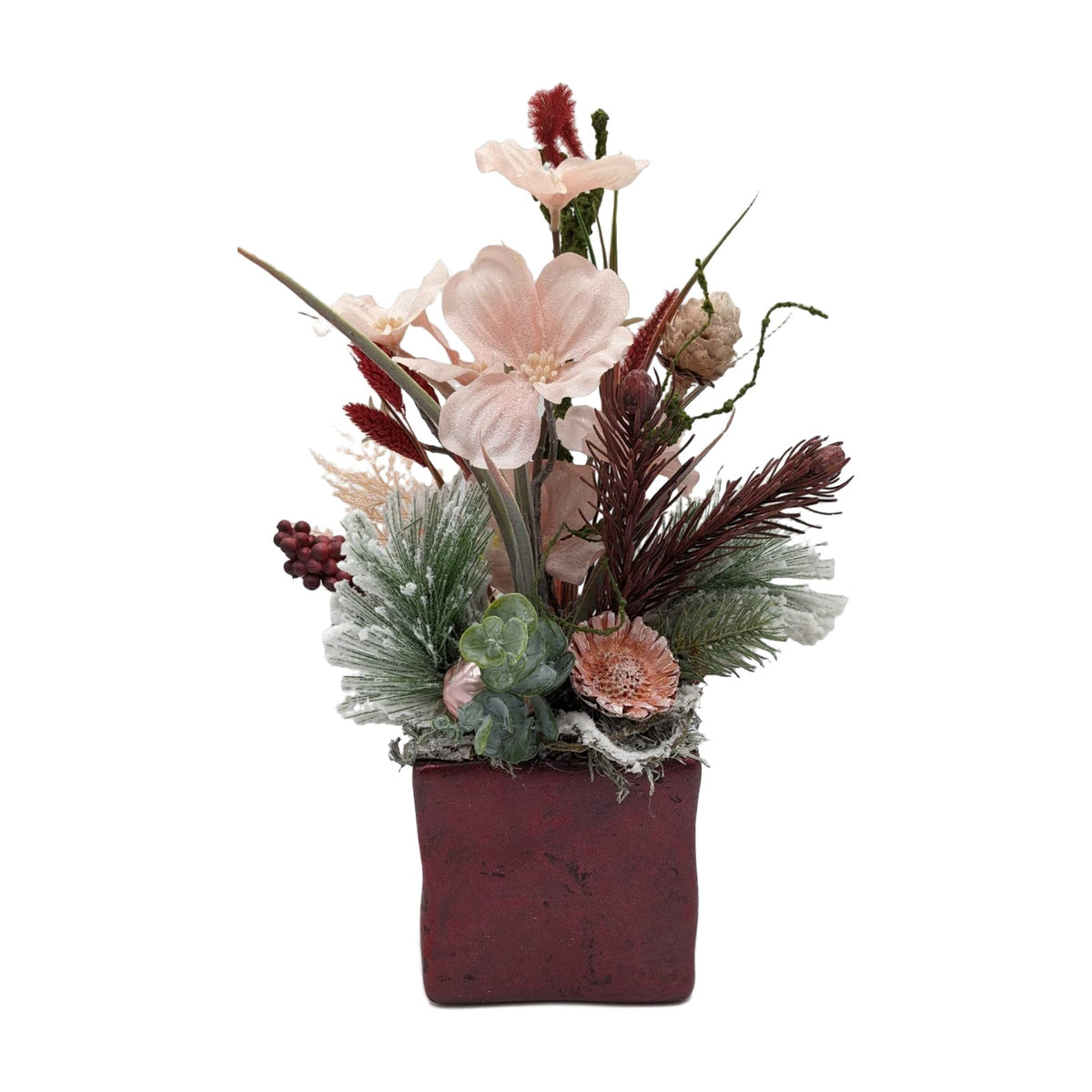 Freigestellt Wintergesteck Weihnachtsgesteck Blüten Zapfen Tanne Gräser rosé dunkelrot
