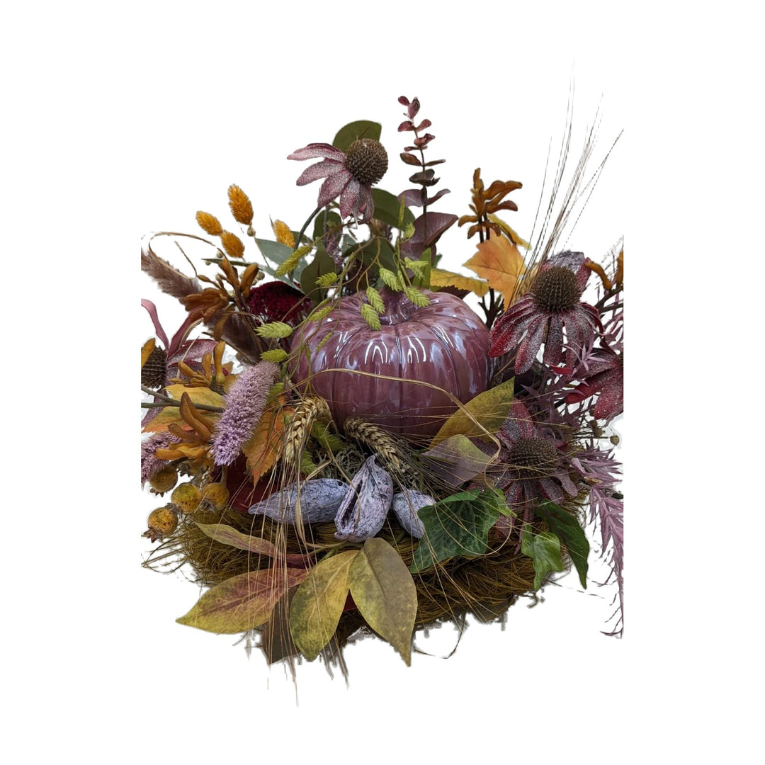Freigestellt Herbstgesteck Kürbis Sonnenhut Eukalyptus Gräser lila orange
