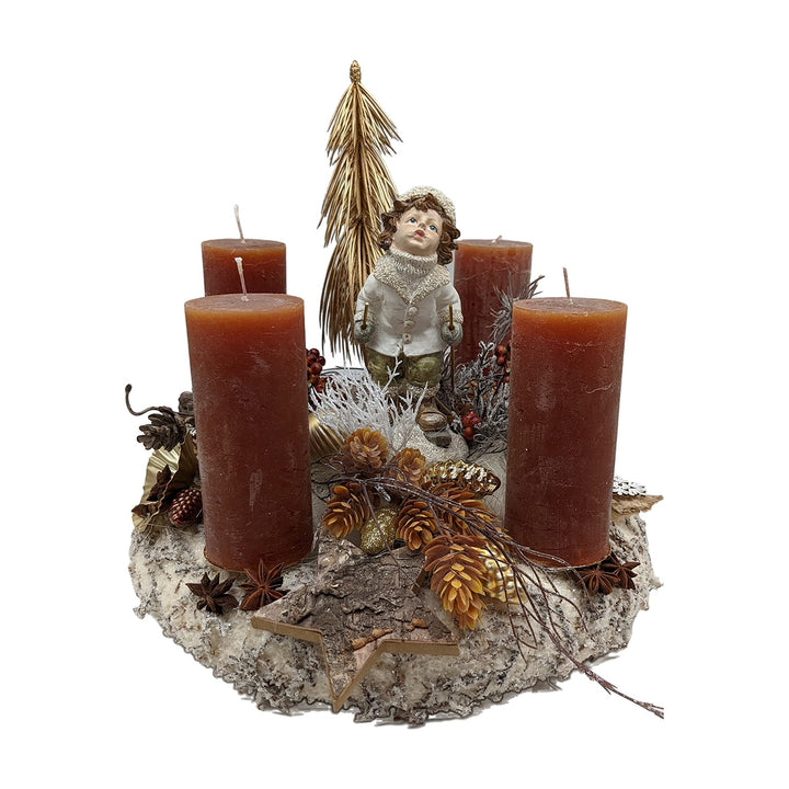 Freigestellt Weihnachtskranz Adventskranz Kind Bäumchen Hopfen Kerzen braun gold