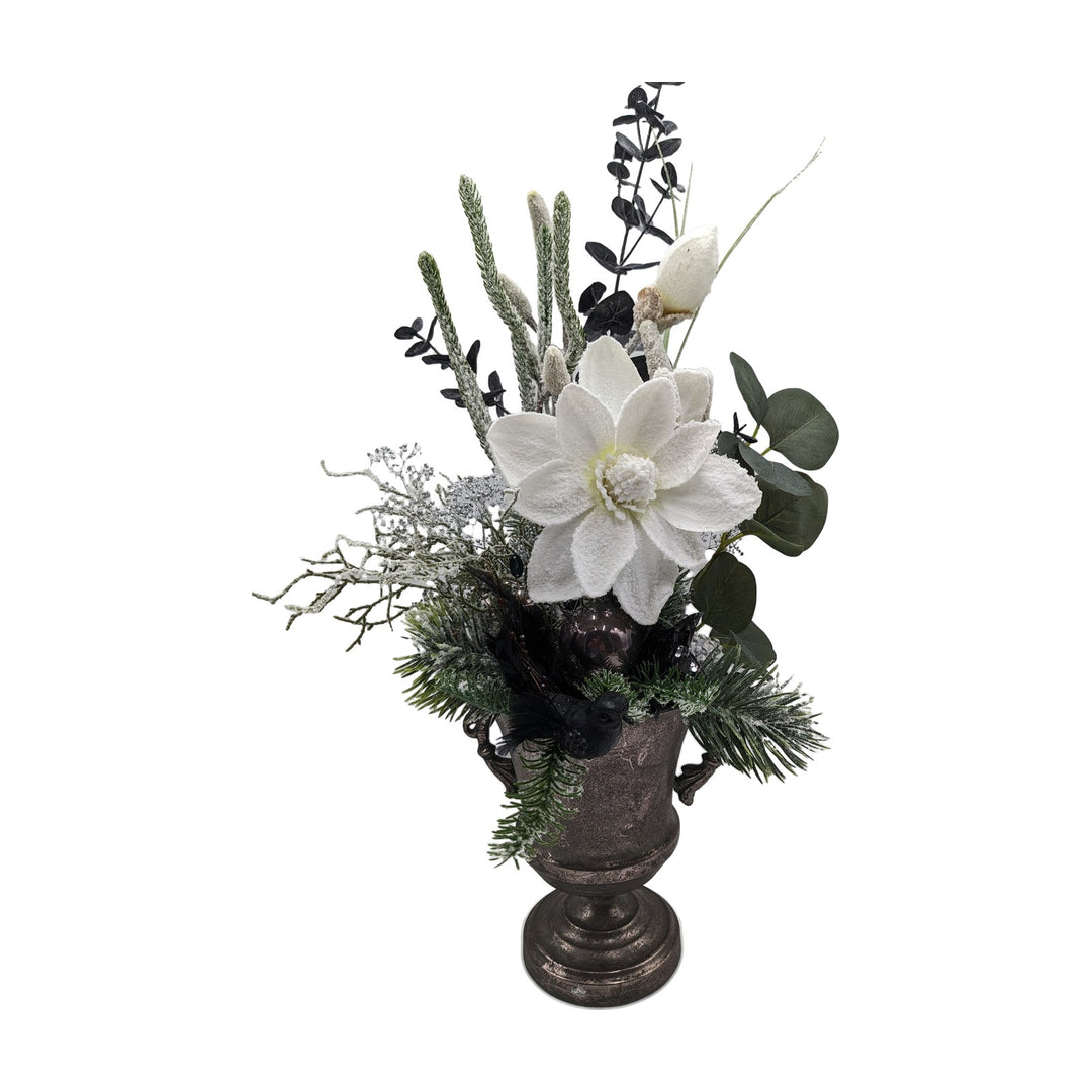 Freigestellt Weihnachtsgesteck Magnolie Kugel Vogel weiß schwarz im Pokal