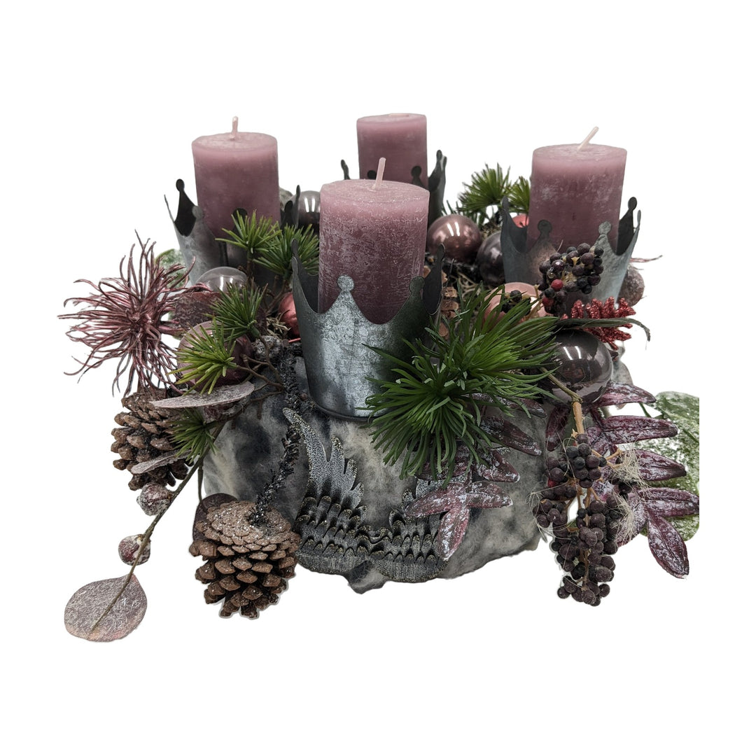 Freigestellt Adventskranz Kerzen Kugeln Kronen Zapfen rosa grau