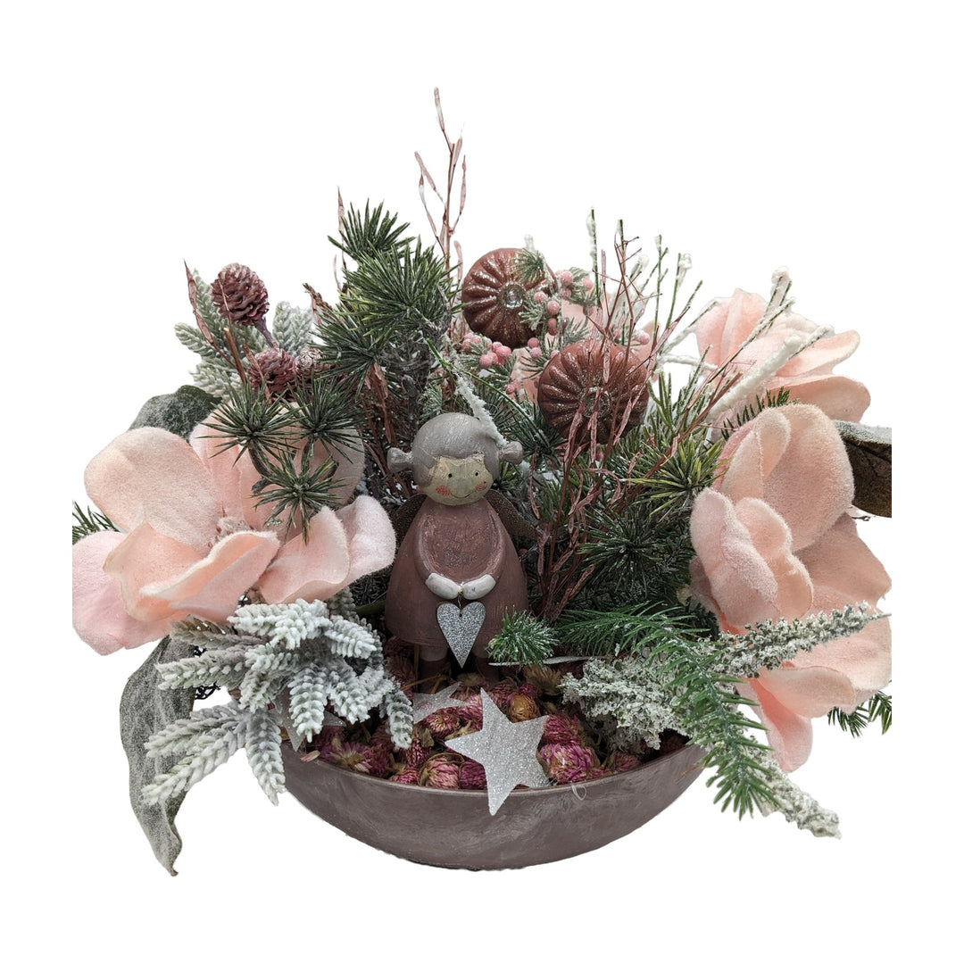 Freigestellt Wintergesteck Magnolie Stern Mädchen rosa Schale Tanne