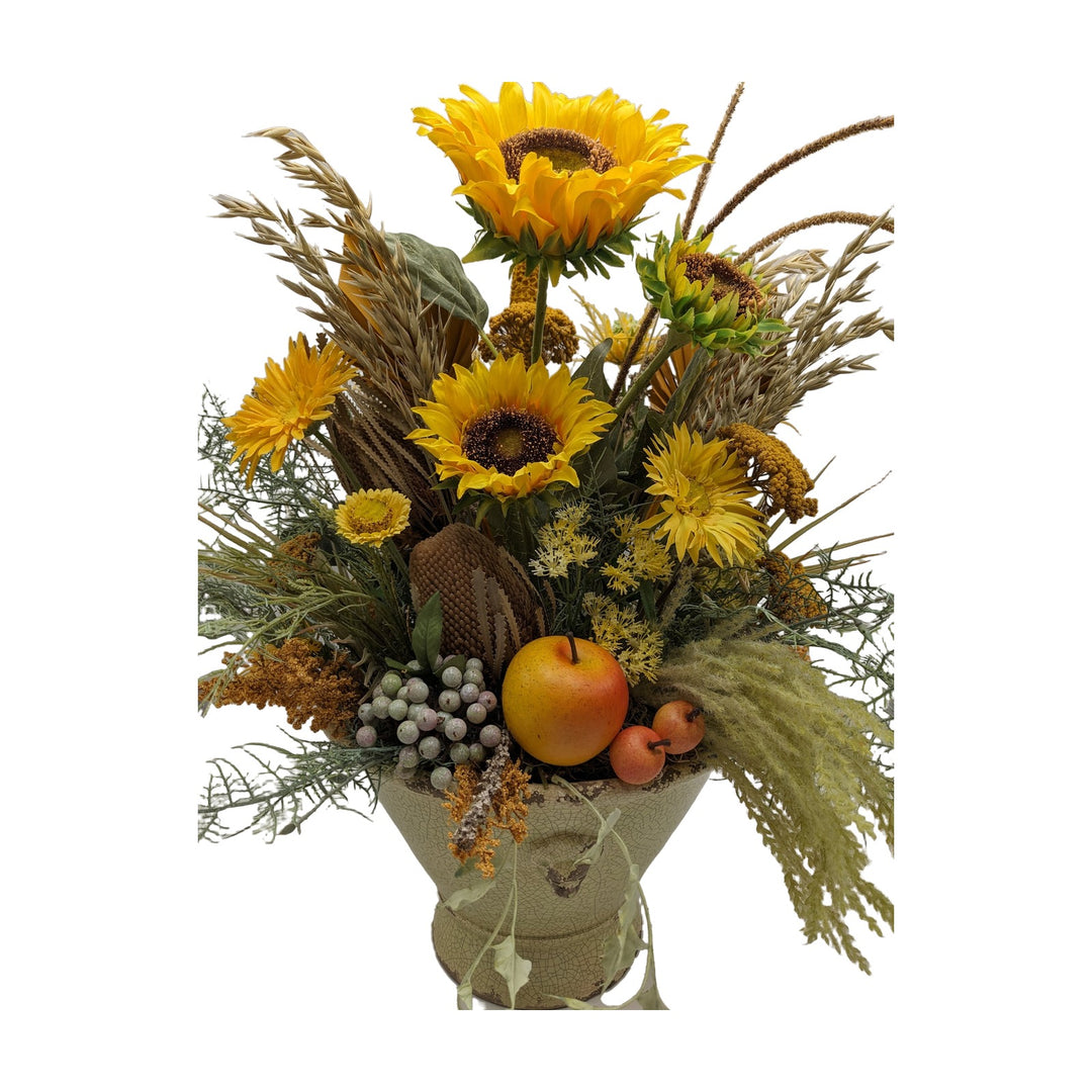Freigestellt Herbstgesteck Sonnenblumen Apfel Getreide gelb natur