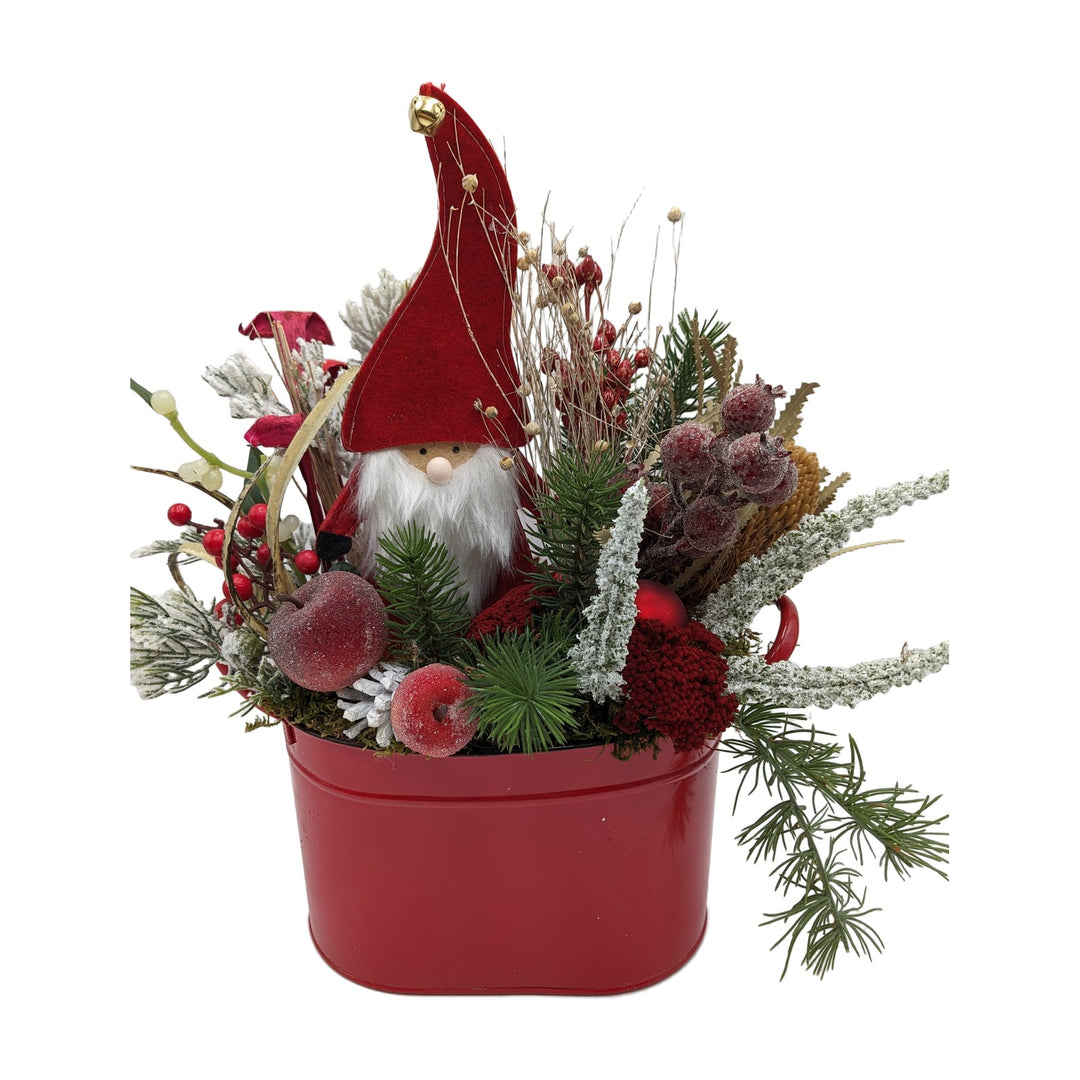 Freigestellt Weihnachtsgesteck Wichtel Äpfel Beeren Tanne rot grün