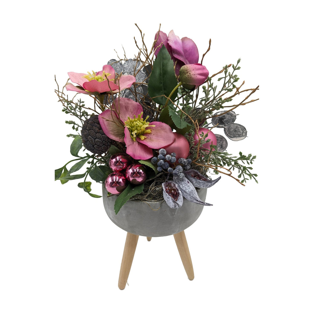 Freigestellt Weihnachtsgesteck Christrosen Kugeln Zapfen rosa grau