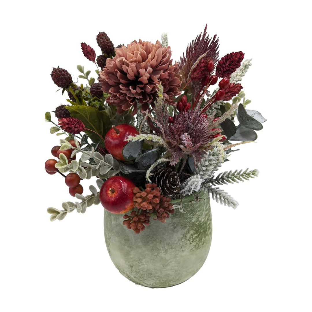 Freigestellt Herbstgesteck Apfel Distel Chrysantheme rot altrosa