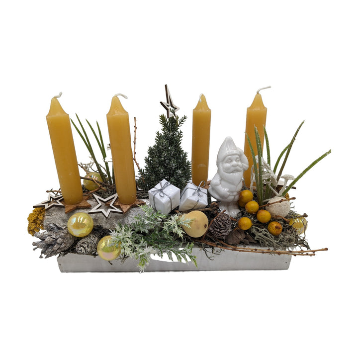 Freigestellt Adventsgesteck Kerzen Kugel Stern Wichtel gelb weiß