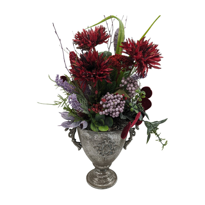 Freigestellt Herbstgesteck Chrysantheme Sukkulente Beeren dunkelrot lila