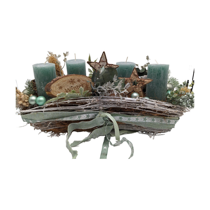Freigestellt Adventsgesteck 4 Kerzen Sterne Kugeln Beeren mint natur
