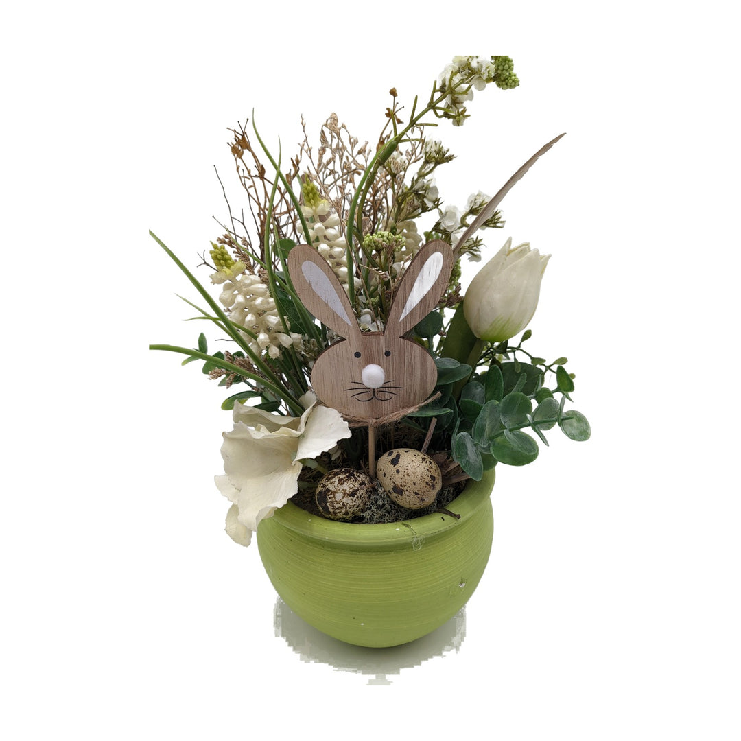 Freigestellt Ostergesteck Tulpe Hase Eier Hyazinthen grün weiß