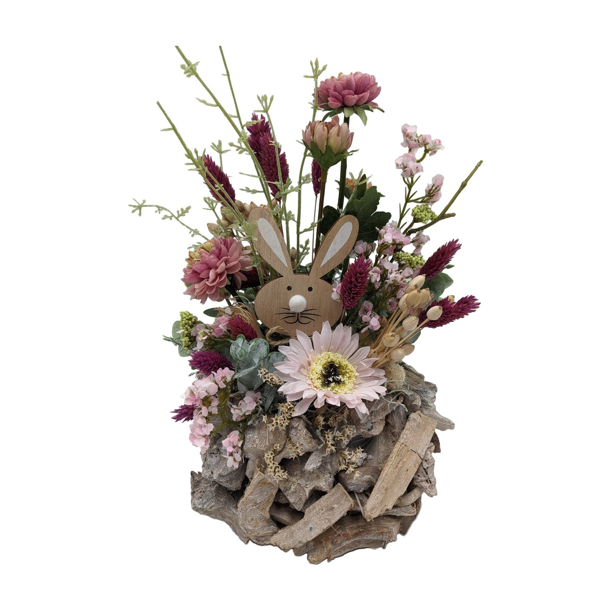 Freigestellt Ostergesteck Chrysantheme Gerbera Hase rosa beere Holztopf