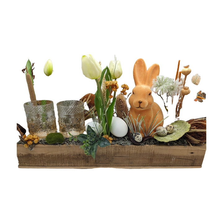 Freigestellt Ostergesteck Hase Tulpen Eier Teelicht orange natur