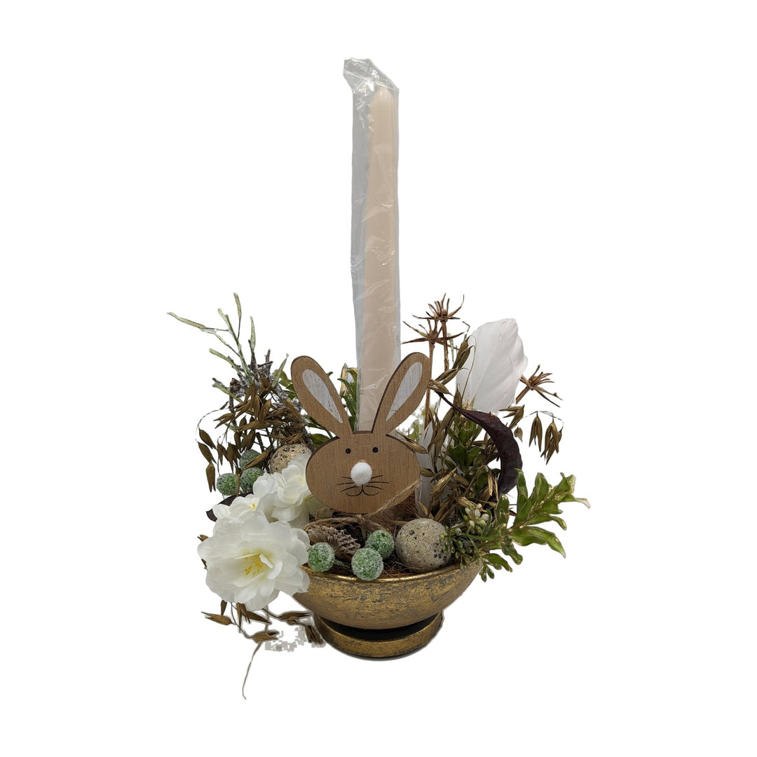 Freigestellt Ostergesteck Hase Eier Blüten gold weiß mit Stabkerze