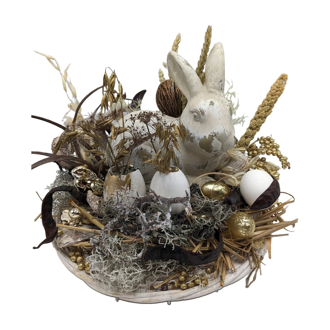 Freigestellt Ostergesteck Hase Eier Ähren Beeren creme gold