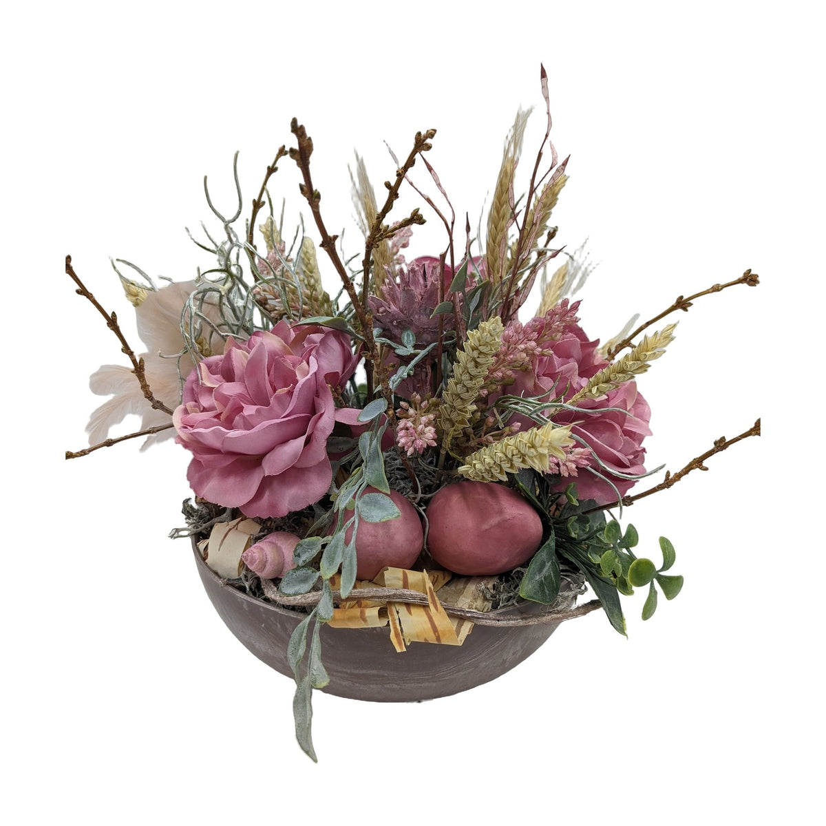 Freigestellt Ostergesteck Rosen Eier Federn rosa natur in Schale