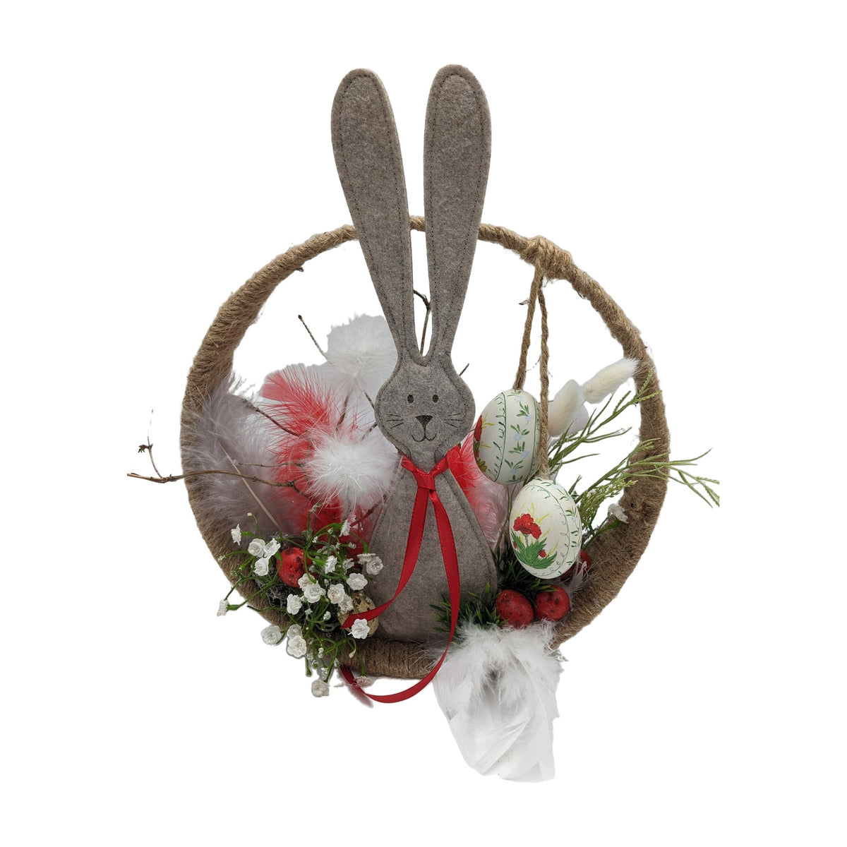 Freigestellt Ostergesteck Hase Ei Feder Schleierkraut rot weiß im Ring